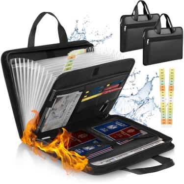 Imagem de Henoyso 2 peças organizador de arquivos à prova de fogo, 13 bolsos, bolsa organizadora de documentos importante com alça pasta de arquivos expansível transparente com etiquetas de zíper, armazenamento