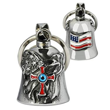 Imagem de Gremlin Bells for Motorcycles: Eagle US Flag Cross Angel with Evil Eye Motorcycle Bell Keychain | Sino acessório de motociclista para dar sorte a vida toda, sinos de motocicleta para presentes de