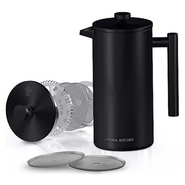Imagem de Utopia Kitchen Cafeteira French Press de aço inoxidável com isolamento de parede dupla de 500 ml, sistema de filtragem de 4 níveis com 2 filtros extras, sem ferrugem, preta