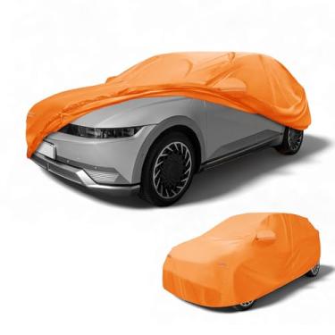 Imagem de Partuto Capa de carro à prova d'água para todos os climas, automotiva, externa, anti-UV, proteção contra chuva e sol, cobertura externa completa para Hyundai Ioniq 6 210D-PU laranja com tiras