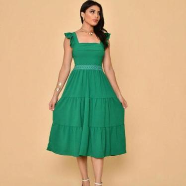 Imagem de Vestido midi luxo duna lisa com babada na manga e renda na cintura 001