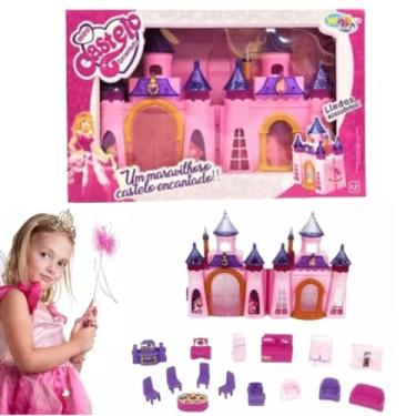 Imagem de CASTELO ENCANTADO COM LUZ QUE MUDA DE COR E SOM BRINQUEDO COM ACESSORIOS 15 PÇS CASINHA DE BONECAS MUSICAL CASA DE PRINCESAS MUSICA MENINA INFANTIL