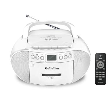 Imagem de Gelielim Combo leitor de CD e cassete, Boombox Bluetooth portátil com controle remoto, rádio AM/FM, som estéreo, gravador, unidade USB, alimentação CA/bateria, conector de fone de ouvido, visor LCD