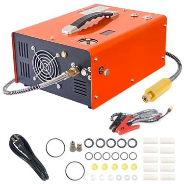 Imagem de Função de parada automática Compressor de ar industrial portátil, laranja e preto, com alça de transporte e ventilador de resfriamento Pressão de até 4500psi 300bar Tensão aplicável 12V/110V/220V