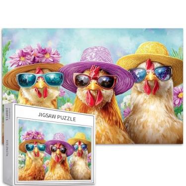 Imagem de Três pintinhos fofos usando chapéus grandes e óculos de sol, quebra-cabeças de 1000 peças para adultos 68 × 50 cm, quebra-cabeças coloridos DIY para decoração de casa, presentes para família,