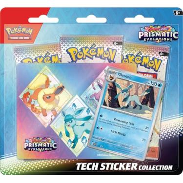 Imagem de Pokémon TCG: Scarlet & Violet—Prismatic Evolutions Tech Sticker Collection – Glaceon (1 cartão promocional de alumínio e 3 pacotes booster)