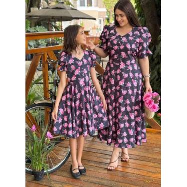 Imagem de Vestido Feminino  Mídi Godê Estampado Crepe Seda Mãe e filha - Plena P