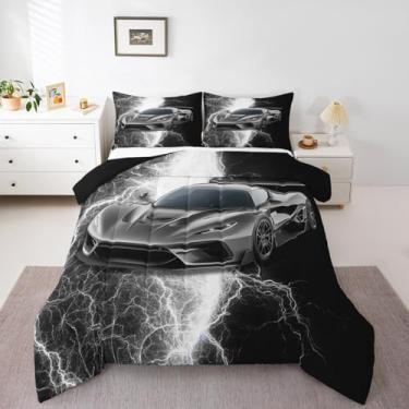 Imagem de Erosebridal Conjunto de edredom de carro esportivo para meninos, tamanho casal, preto e branco, para decoração de quarto de crianças, carros de corrida, abstrato, com 2 fronhas