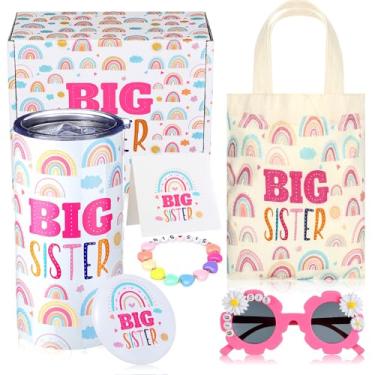 Imagem de Shinylin 6 Pcs Big Sister Gift for Girls 12 oz Pink Big Sister Cup Big Sister Canvas Tote Bag and Bracelet Sunglasses Sister Badge New Sibling Gift Big Sister Announcement for Little Girls Age 2-8