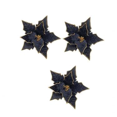 Imagem de Kit Com 3 Poinsettia Preta Aveludada Com Detalhes Dourados 33cm