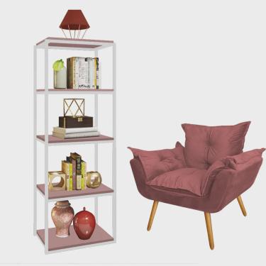 Imagem de Kit Poltrona Fatte com Estante Livreiro Ferro Branco mdf Rose Suede Rose Gold - Ahazzo Móveis