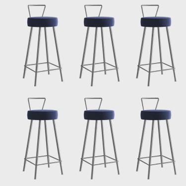 Imagem de Kit 06 Banqueta Alta Com Encosto Tais Eiffel Cozinha Bar Bistrô Ferro Prata Sintético Azul Marinho - Ahz Móveis