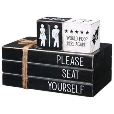 Imagem de Blulu Placa de banheiro engraçada min, decoração de prateleira de madeira para quarto de fazenda, bandeja em camadas, ornamento, reversível, livro, roma, prateleira, sinais, para banheiro, parede de