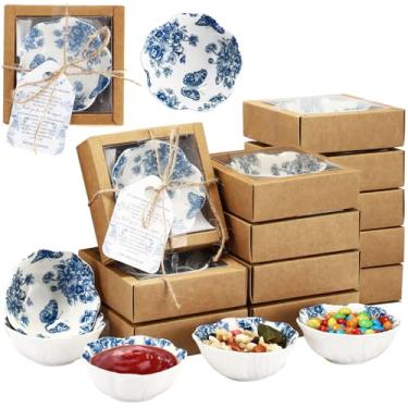 Imagem de Teenyyou Pacote com 10 lembrancinhas de casamento para convidados, pequenas tigelas de cerâmica, conjunto de presentes a granel de 8,3 cm, design floral azul, mini tigela de molho com caixa de cartões