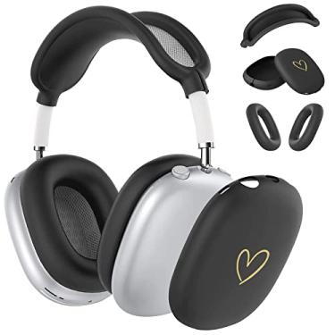Imagem de AIIEKZ Capa para fones de ouvido Airpods Max, silicone macio antiarranhões com padrão de coração dourado, capa para fones de ouvido/capa de cabeça para Apple Airpod Max (preto)
