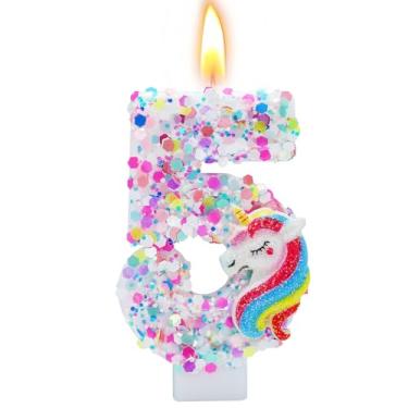 Imagem de woiodora Vela de aniversário número 4 de 7 cm, decorações de aniversário de unicórnio para topo de bolo, material de festa com tema de desenho animado (número 5)