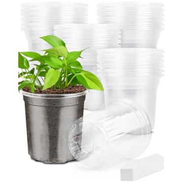 Imagem de PACETAP Pacote com 50 vasos de berçário transparentes reforçados de 10 cm com orifícios de drenagem, pacote variado de vasos de plástico com 20 etiquetas de plantas para iniciantes de sementes de