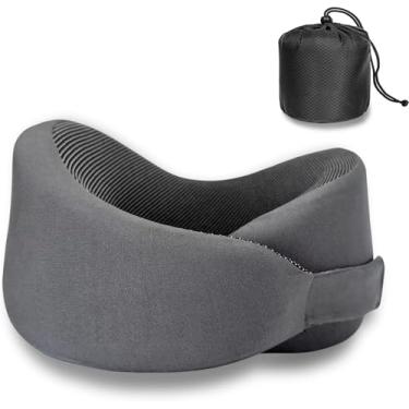 Imagem de Travesseiro de viagem para suporte de queixo e cabeça de pescoço, velcro ajustável de espuma viscoelástica pura para carro dormir com bolsa de transporte, travesseiro de avião leve e macio para voos