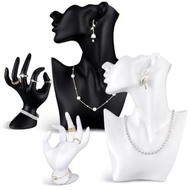 Imagem de Yalikop Pacote com 4 peças, conjunto de exibição de manequim de resina, colar, brinco, suporte de exibição e manequim feminino, suporte de pulseira, organizador de busto preto e branco para shows que