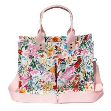 Imagem de ESVAN Bolsa feminina tiracolo para trabalho, fraldas, viagens, carteiro, laptop, bolsas, Flor rosa de lona