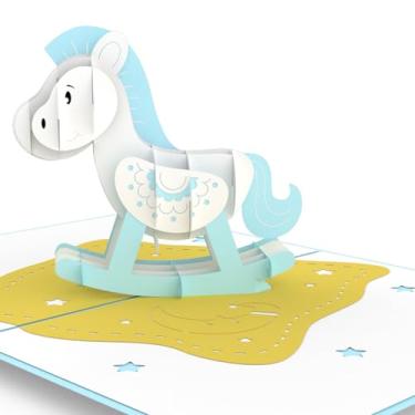 Imagem de iGifts And Cards Cartão pop-up de cavalo de balanço azul doce – 12,7 cm x 17,8 cm 3D chá de bebê saudação para meninos, recém-nascidos, crianças, batizado, primeiro aniversário – Lembrança feita à mão