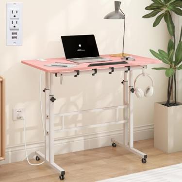 Imagem de SIDUCAL Mesa de suporte móvel com portas USB e tomadas, mesa ajustável para laptop sobre rodas, estação de trabalho de escritório em casa, carrinho de laptop para ficar em pé ou sentado, 80 cm x 23,6