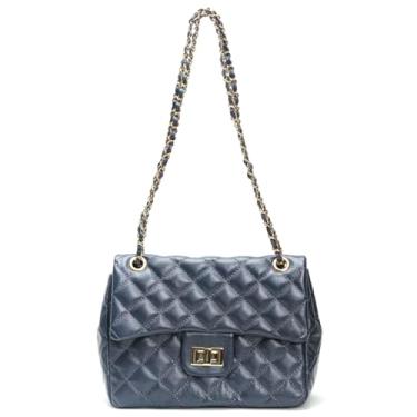 Imagem de Bolsa Feminina Couro Legitimo Matelassê Média (Azul C/Dourado)