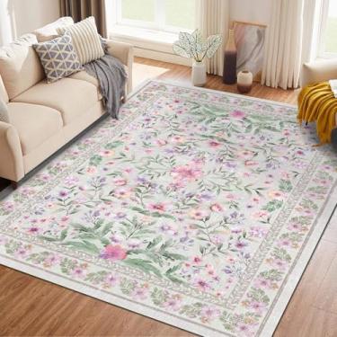 Imagem de Tapete lavável roxo verde 1,8 m × 19 m Boho grande tapete para sala de estar lilás lavanda floral antiderrapante macio oriental cor vintage tapete de quarto sala de jantar berçário casa escritório