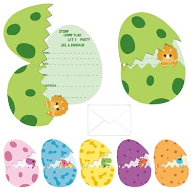 Imagem de Pacote com 24 cartões de convites de festa de aniversário de dinossauro com envelopes, suprimentos de festa de dinossauro, preenchimento, cartões de convite de ovos de dinossauro, adesivos para crianças, meninos, meninas, dinossauros, decorações de festa de aniversário, lembrancinhas