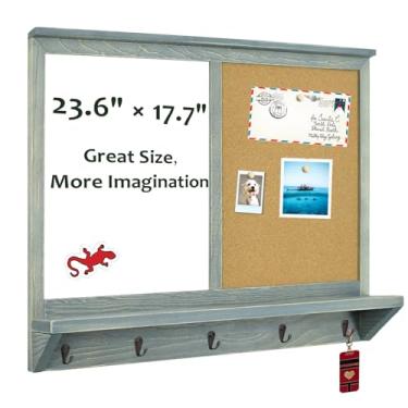 Imagem de TORASO Quadro apagável a seco e quadro de cortiça, quadro branco e quadro de avisos, classificador de correio montado na parede e ganchos para chave, moldura cinza vintage de madeira de pinho maciça