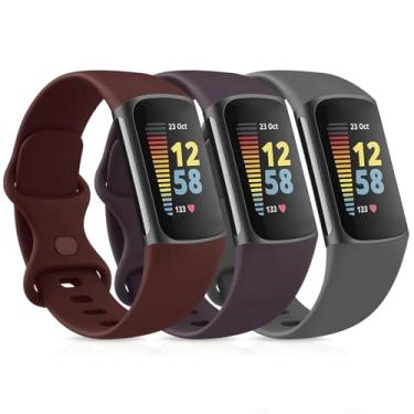 Imagem de Pacote com 3 pulseiras esportivas compatíveis com Fitbit Charge 6/Fitbit Charge 5 pulseiras femininas masculinas, clássicas e macias de substituição para Fitbit Charge 6/5 Advanced Fitness & Health Tracker (vermelho espinheiro/cinza escuro/roxo escuro, pequeno)
