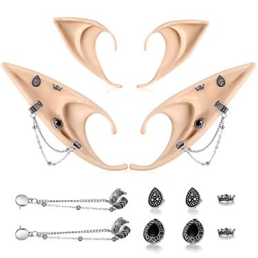 Imagem de FRESHME Conjunto de brincos com orelhas de elfo com piercing - Soft Cosplay Fada Látex Pixie Ears com corrente vintage brincos retentores Halloween Renascentista Acessórios para mulheres meninas, Short and Long Style, Látex