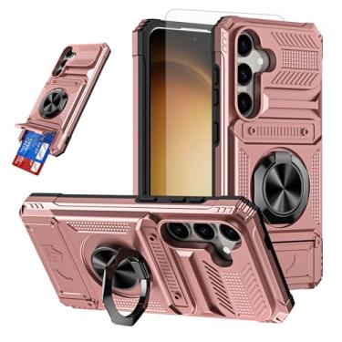 Imagem de Furiet Capa de telefone para Samsung Galaxy A56 5G protetor de tela de vidro temperado slots para cartão anel magnético suporte à prova de choque de silicone macio amortecedor híbrido duas camadas