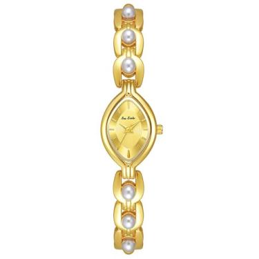 Imagem de Relógio feminino elegante com pulseira de pérolas, mostrador oval, movimento de quartzo, ouro/prata, impermeável, casual, relógio de pulso feminino, Dourado, Casual