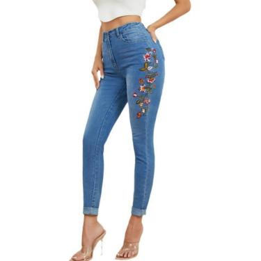 Imagem de Calça jeans calça calça jeans bordados slim fit jeans jeans femininos europeu e americano bordado perneiras elásticas da moda Casual Casual Blue High Jeans, azul, S-M