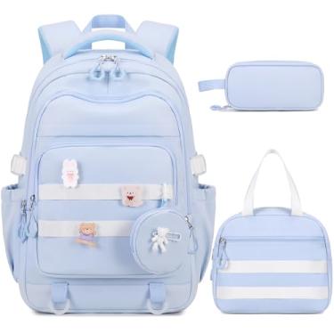 Imagem de ACESAK Mochila para meninas – 3 peças para mochilas escolares fofas para meninas, Azul, Medium