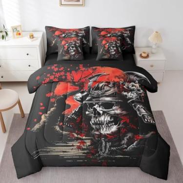 Imagem de Erosebridal Conjunto de edredom King Samurai Japonês, 7 peças, crânio gótico com lençóis, cama floral flor de cerejeira em uma bolsa para crianças, meninos, conjunto de cama oriental com elástico +