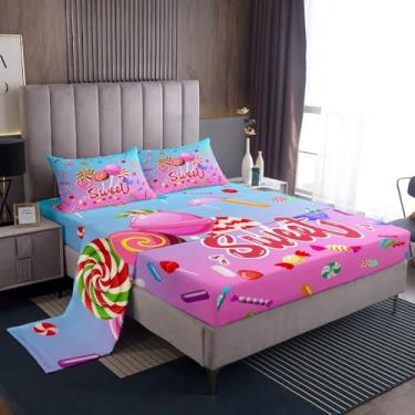 Imagem de Jogo de cama King com estampa de pirulito colorido, doce, sobremesa, azul e rosa, ombré, para adolescentes, adultos, feminino, bolo, doce, moderno, 4 peças (elástico + plano + 2 fronhas)