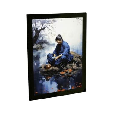 Imagem de Quadro Decorativo Samurai No Lago Ilustração Azul Decoração Poster Quarto Sala