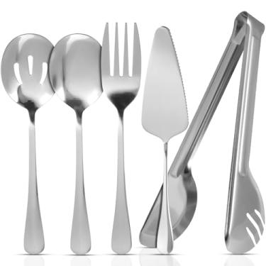 Imagem de UKCOCO Conjunto de Utensílios Salada em Aço Inoxidável com 10 Peças, Colher com Fenda, Garfo de Servir, Pinça de Alimentos, Espátula Tortas, Utensílios Buffet em Reuniões em Casa,