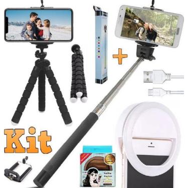 Imagem de Kit Youtuber Tripé Celular Luz Iluminador Ring Light + Pau Selfie Bast