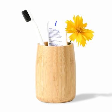 Imagem de ABBI NIMO Suporte de escova de dentes de bambu natural, copo cilíndrico mínimo simples para bancada de banheiro, pincel de maquiagem inquebrável ou organizador de canetas, acessório de mesa