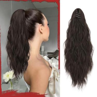 Imagem de SOFEIYAN Extensão De Rabo Cavalo Sofeiyan, 16" Cacheado, Ondulado, Grampo Garra, Extensões Cabelo Pequenas Em Aplique, Rabos Fofos, Grampos Mandíbula Para Mulheres, Aplique Sintético, Castanho Escur