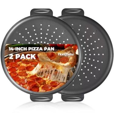 Imagem de HONGBAKE Pacote com 2 formas de pizza de 35,5 cm com furos, bandeja de pizza para forno, conjunto de pizza crocante perfurada de aço carbono, assadeira redonda, cinza