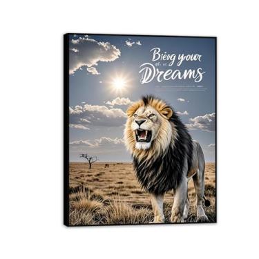 Imagem de Tela inspiradora arte de parede animal pôster motivacional leão feroz na savana africana ensolarada presentes de encorajamento inspirador para homens imagem de afirmações positivas 65 x 50 cm (66 x 48