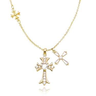 Imagem de Sroozior Colar de cruz de prata banhado a ouro para mulheres, fé, segurança, alfinete, cruz, zircônia cúbica, colar cristão, joias para mulheres, Medium, Titânio, Sem Pedra Preciosa