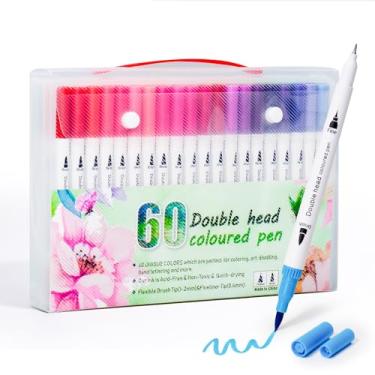 Imagem de Hopesky Marcadores de 60 cores para livros de colorir para adultos sem sangramento – Conjunto de marcadores de colorir de ponta dupla à base de água para desenho, pintura, ponta fina e canetas de
