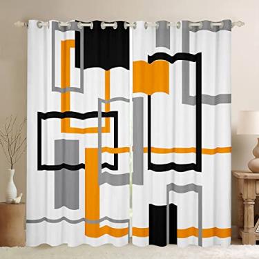Imagem de Cortinas de janela laranja brancas e cinza para adolescentes e mulheres adultas, cortinas quadradas geométricas para quarto, cortinas listradas para sala de estar, cortinas de tratamento de janela