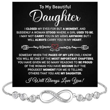 Imagem de GLAVICY Pulseira de coração Daughter Infinity, joia para filha presente da mãe ou do pai com cartão de mensagem e significado de caixa, Heart Bracelet, Aço inoxidável, Sem Pedra Preciosa