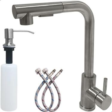 Imagem de Dona D Cor, Kit Torneira Gourmet Bica Alta Flexível Inox 304 Escovada e Dispenser Detergente Embutir 500ml Misturador Monocomando Pia Cozinha Aço Inox